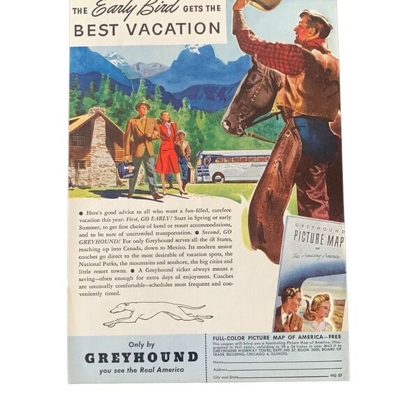 Vintage 1947 Greyhound Early Bird Gets the best Vacation Ad Advertisement - Picture 1 of 4